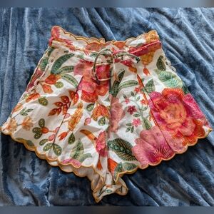 FARM Rio 100% Linen White Floral Tie-Waist Scalloped Shorts XS pink Green Orange